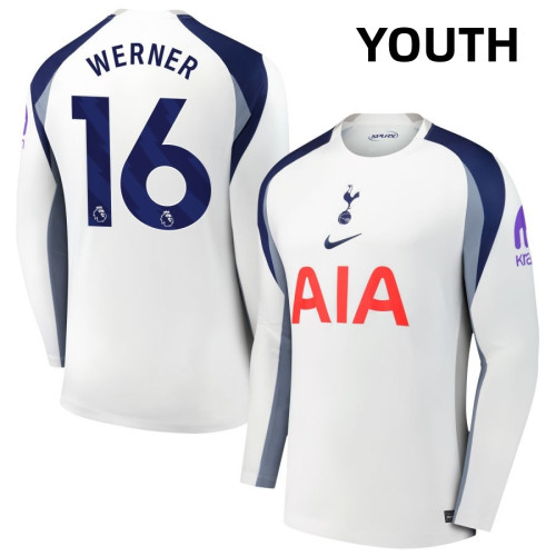 Youth 2025-2026 Tottenham Hotspur 16 Timo Werner Authentic White Home Long Sleeve Jersey Youth 2025-2026 Tottenham Hotspur 16 Timo Werner Authentic White Home Long Sleeve Jersey