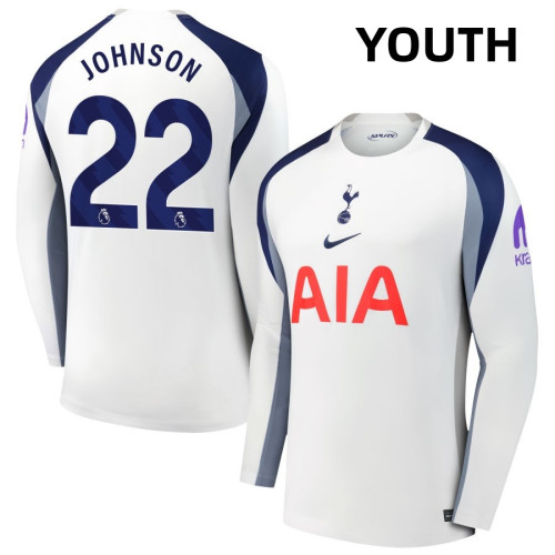 Youth 2025-2026 Tottenham Hotspur 22 Brennan Johnson Authentic White Home Long Sleeve Jersey Youth 2025-2026 Tottenham Hotspur 22 Brennan Johnson Authentic White Home Long Sleeve Jersey