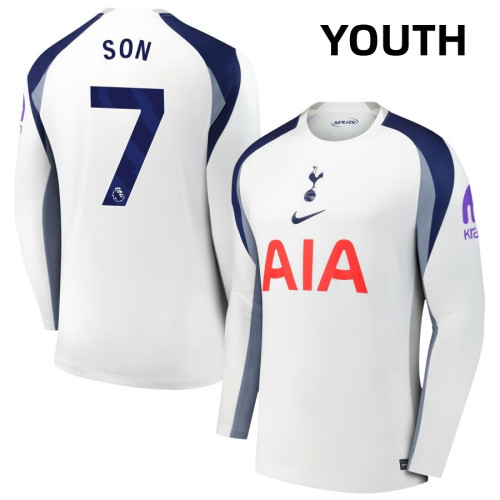 Youth 2025-2026 Tottenham Hotspur 7 Son Heung-Min Son Authentic White Home Long Sleeve Jersey Youth 2025-2026 Tottenham Hotspur 7 Son Heung-Min Son Authentic White Home Long Sleeve Jersey