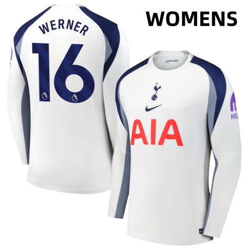 Women's 2025-2026 Tottenham Hotspur 16 Timo Werner Replica White Home Long Sleeve Jersey Women's 2025-2026 Tottenham Hotspur 16 Timo Werner Replica White Home Long Sleeve Jersey