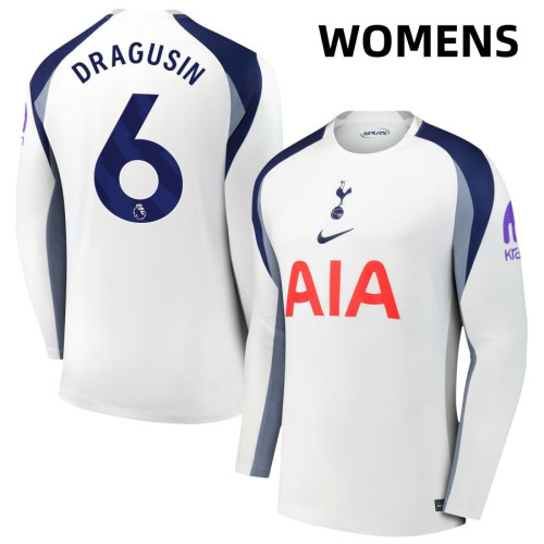 Women's 2025-2026 Tottenham Hotspur 6 Radu Dragusin Authentic White Home Long Sleeve Jersey Women's 2025-2026 Tottenham Hotspur 6 Radu Dragusin Authentic White Home Long Sleeve Jersey